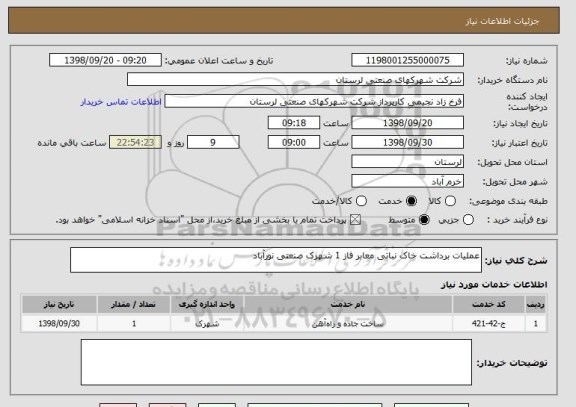 استعلام عملیات برداشت خاک نباتی معابر فاز 1 شهرک صنعتی نورآباد