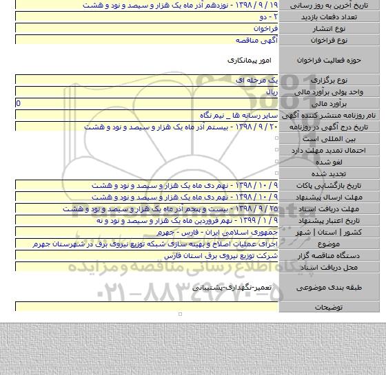 اجرای عملیات اصلاح و بهینه سازی شبکه توزیع نیروی برق در شهرستان جهرم
