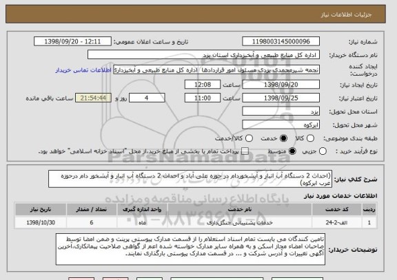 استعلام (احداث 2 دستگاه آب انبار و آبشخوردام در حوزه علی آباد و احداث 2 دستگاه آب انبار و آبشخور دام درحوزه غرب ابرکوه)