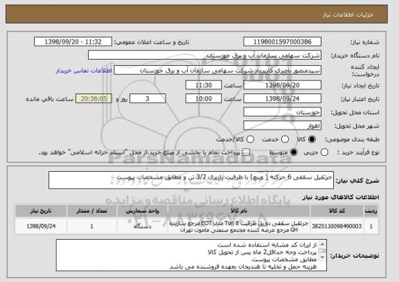 استعلام جرثقیل سقفی 6 حرکته ( وینچ) با ظرفیت باربری 3/2 تن و مطابق مشخصات پیوست 