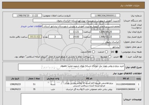 استعلام خرید برنج و روغن مورد نیاز خوابگاه شبانه روزی شهید مجید دهنوی