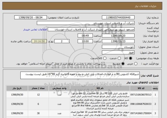 استعلام شیرفلکه کشویی 80 م م فولادی،اتصالات پلی اتیلن و پیچ و مهره گالوانیزه گرم 80*16 طبق لیست پیوست 