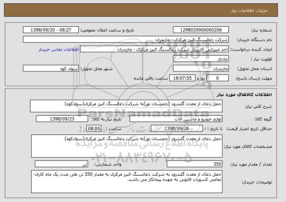 استعلام حمل ذغال از معدن گلندرود (چمستان نور)به شرکت ذغالسنگ البرز مرکزی(سوادکوه)