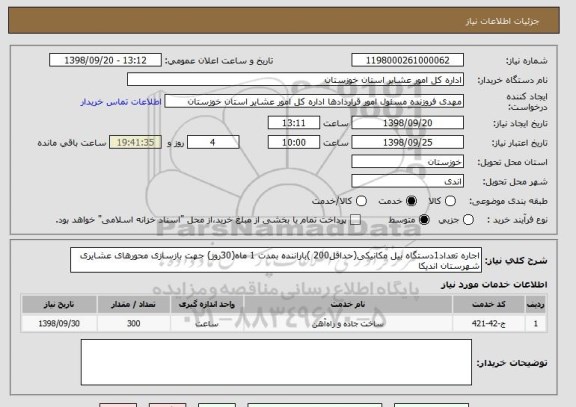 استعلام اجاره تعداد1دستگاه بیل مکانیکی(حداقل200 )باراننده بمدت 1 ماه(30روز) جهت بازسازی محورهای عشایری شهرستان اندیکا 