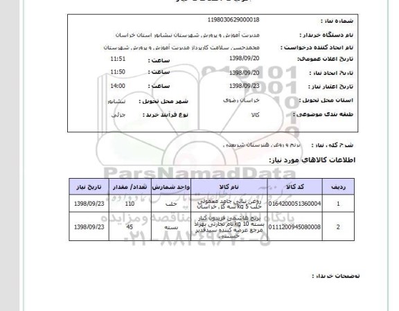 استعلام برنج و روغن هنرستان شریعتی