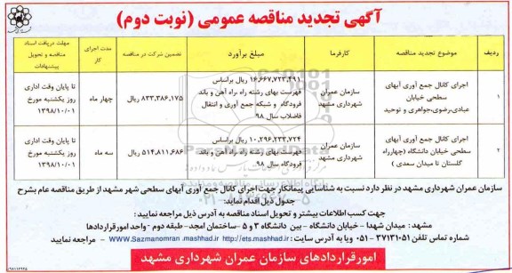 تجدید مناقصه , تجدید مناقصه اجرای کانال جمع آوری آبهای سطحی شهر - نوبت دوم