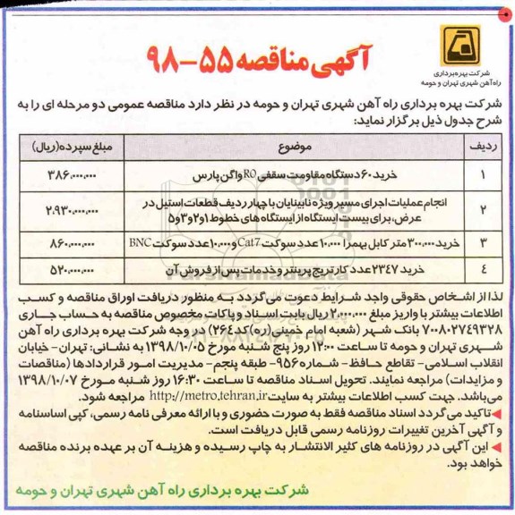 آگهی مناقصه ,مناقصه خرید 60 دستگاه مقاومت سقفی ro واگن پارس ...