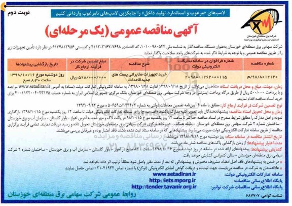 مناقصه، مناقصه خرید تجهیزات مخابراتی پست های جدیدالاحداث