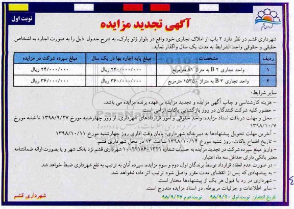 تجدید مزایده ,تجدید مزایده واگذاری 2 باب از املاک تجاری 