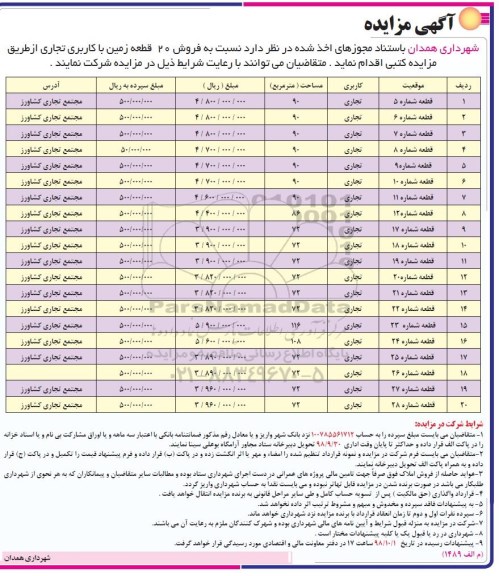 مزایده مزایده فروش 20 قطعه زمین با کاربری تجاری 