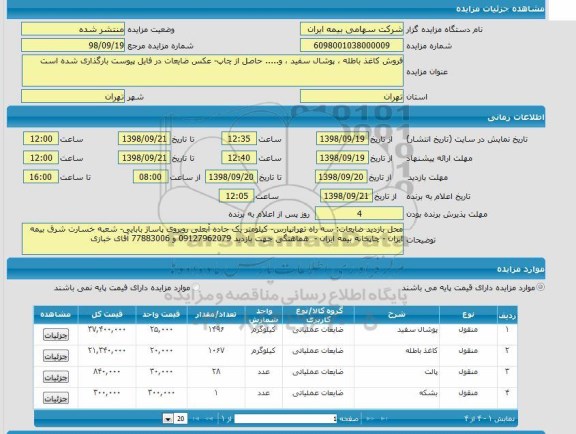 مزایده فروش کاغذ باطله - پوشال سفید و...