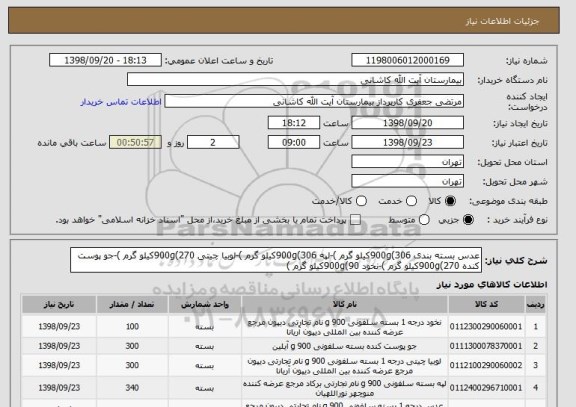 استعلام عدس بسته بندی 900g(306کیلو گرم )-لپه 900g(306کیلو گرم )-لوبیا چیتی 900g(270کیلو گرم )-جو پوست کنده 900g(270کیلو گرم )-نخود 900g(90کیلو گرم )