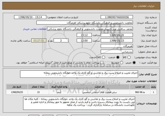 استعلام اجرای تخریب و اصلاح پست برق و نقاشی و گچ کاری یک واحد خوابگاه دانشجویی ریحانه 