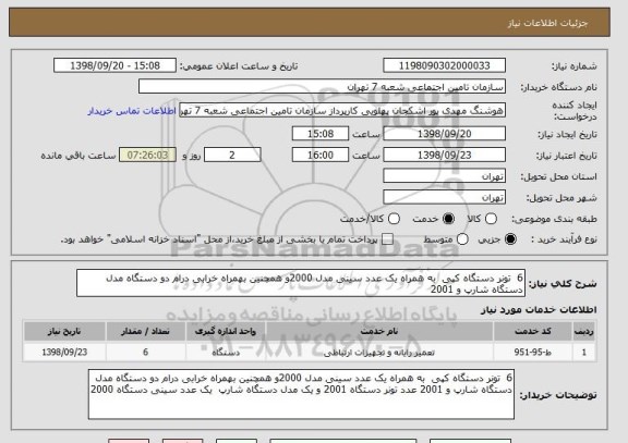 استعلام 6  تونر دستگاه کپی  به همراه یک عدد سینی مدل 2000و همچنین بهمراه خرابی درام دو دستگاه مدل دستگاه شارپ و 2001 