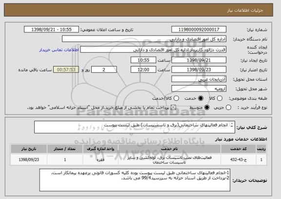 استعلام انجام فعالیتهای ساختمانی(برق و تاسسیسات) طبق لیست پیوست 

