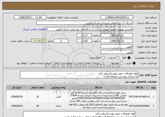 استعلام لوله واتصالات جهت روستای ولی آباد.
به مدارک پیوستی مراجعه گردد.