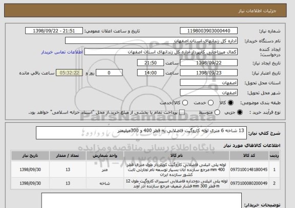 استعلام  13 شاخه 6 متری لوله کاروگیت فاضلابی به قطر 400 و 300میلیمتر