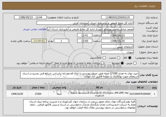 استعلام خرید نهال به تعداد 27200 اصله طبق جدول پیوستی با ایران کد مشابه براساس شرایط فنی مندرج در اسناد استعلام جهت نهالکاری در حوضه قاضی آباد مهاباد
