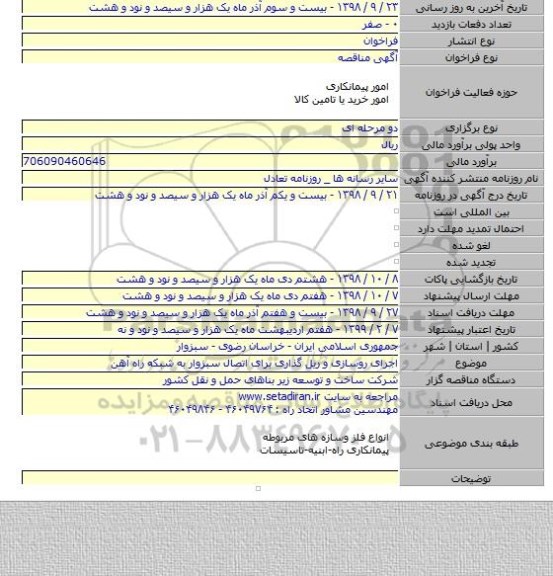 اجرای روسازی و ریل گذاری برای اتصال سبزوار به شبکه راه آهن