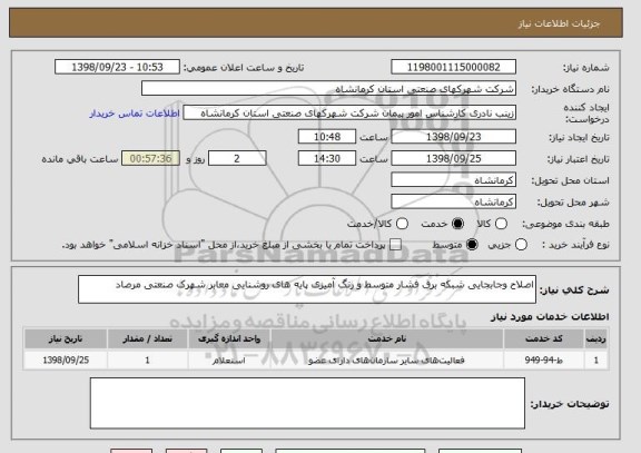 استعلام اصلاح وجابجایی شبکه برق فشار متوسط و رنگ آمیزی پایه های روشنایی معابر شهرک صنعتی مرصاد