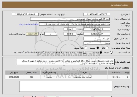 استعلام اجاره تعداد1دستگاه گریدر(حداقل661 کوماتسو یا معادل آن )باراننده بمدت  1 ماه (30روز) جهت بازسازی محورهای عشایری شهرستان شوش 