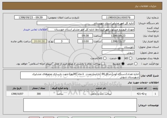 استعلام اجاره تعداد1دستگاه لودر(حداقل90 )باراننده بمدت  1 ماه (30روز) جهت بازسازی محورهای عشایری شهرستان شوش 