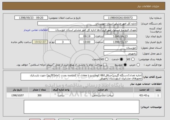 استعلام اجاره تعداد1دستگاه گریدر(حداقل661 کوماتسو یا معادل آن )باراننده بمدت 1ماه(30روز) جهت بازسازی محورهای عشایری شهرستان رامهرمز 