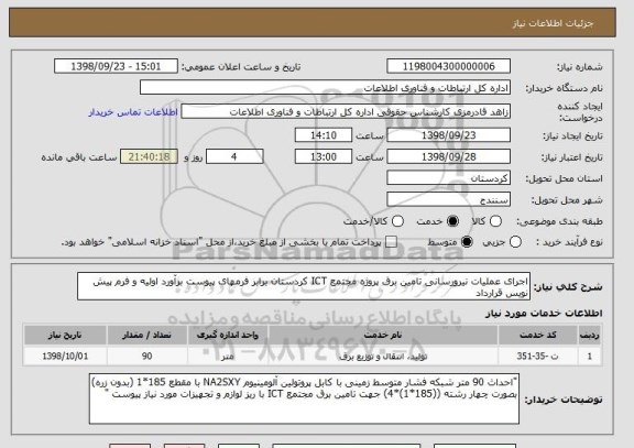 استعلام اجرای عملیات نیرورسانی تامین برق پروژه مجتمع ICT کردستان برابر فرمهای پیوست برآورد اولیه و فرم پیش نویس قرارداد