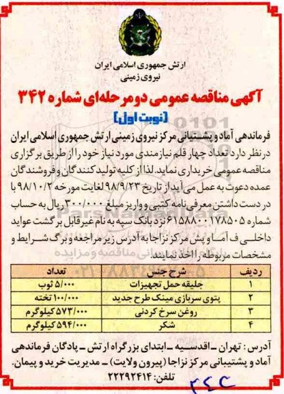 مناقصه، مناقصه خرید تعداد 4 قلم نیازمندی شامل جلیقه حمل تجهیزات  و ...