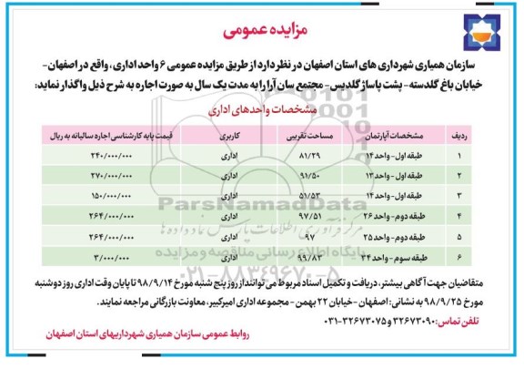 مزایده , مزایده 6 واحد اداری 98.9.23