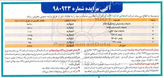 آگهی مزایده , مزایده فروش  مقادیری ضایعات و مواد شامل ضایعات پلاستیکی و ...