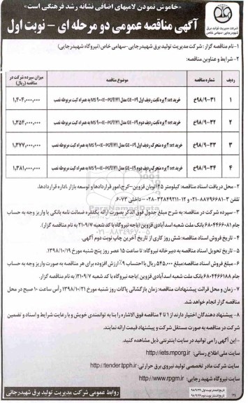 آگهی مناقصه عمومی ,مناقصه خرید set2 پره ثابت ردیف اول