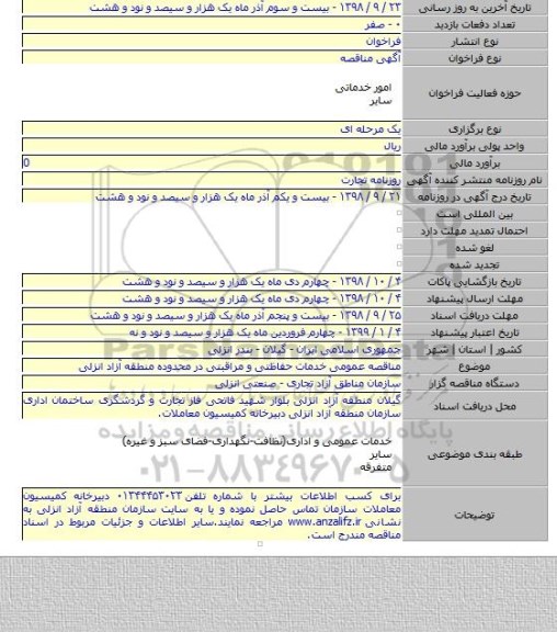 مناقصه عمومی خدمات حفاظتی و مراقبتی در محدوده منطقه آزاد انزلی