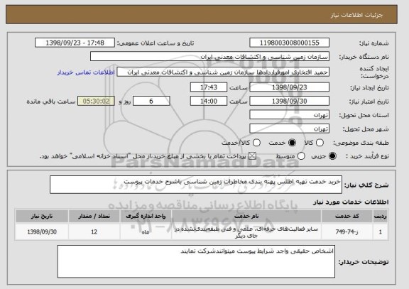 استعلام خرید خدمت تهیه اطلس پهنه بندی مخاطرات زمین شناسی باشرح خدمات پیوست 