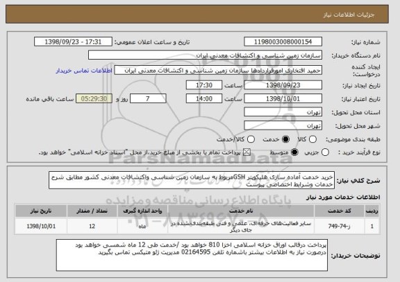 استعلام خرید خدمت آماده سازی هلیکوپتر GSHمربوط به سازمان زمین شناسی واکتشافات معدنی کشور مطابق شرح خدمات وشرایط اختصاصی پیوست 