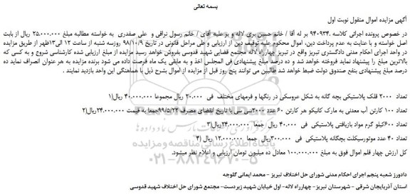 مزایده، مزایده فروش تعداد 2000 قلک پلاستیکی بچه گانه به شکل عروسکی و...