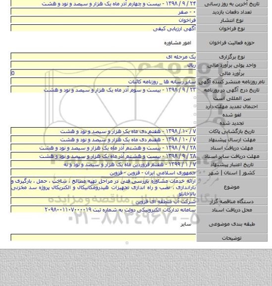 ارائه خدمات مشاوره بازرسی فنی در مراحل تهیه مصالح ٬ ساخت ٬ حمل ٬ بارگیری و باراندازی ٬ نصب و راه اندازی تجهیزات هیدرومکانیکال و الکتریکال پروژه سد مخزنی بالاخانلو