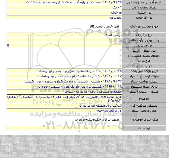 خرید مقره های کامپوزیت خط ۶۳ کیلو ولت چهار مداره ساری۲- قائمشهر۲ ( محدود ۹۸/۱-۴۵ )