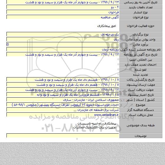 احداث فونداسیون خطوط ۶۳ کیلوولت  اطراف ایستگاه بهشهر ( عمومی ۹۸/۱-۵۶ )