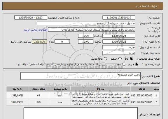 استعلام تامین اقلام مشروحه