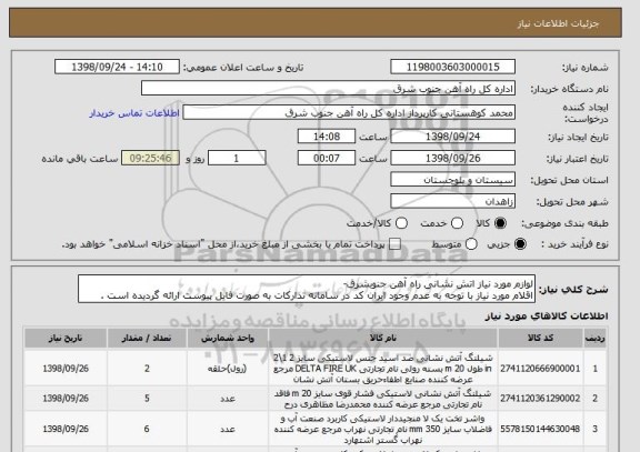 استعلام لوازم مورد نیاز اتش نشانی راه آهن جنوبشرق- 
اقلام مورد نیاز با توجه به عدم وجود ایران کد در سامانه تدارکات به صورت فایل پیوست ارائه گردیده است . 