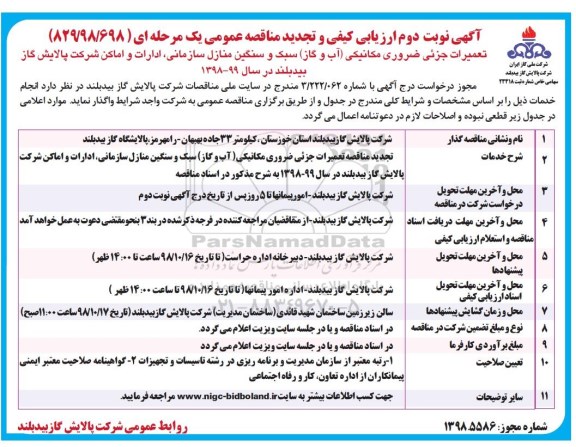 تجدید مناقصه, مناقصه تعمیرات جزئی ضروری مکانیکی- نوبت دوم  