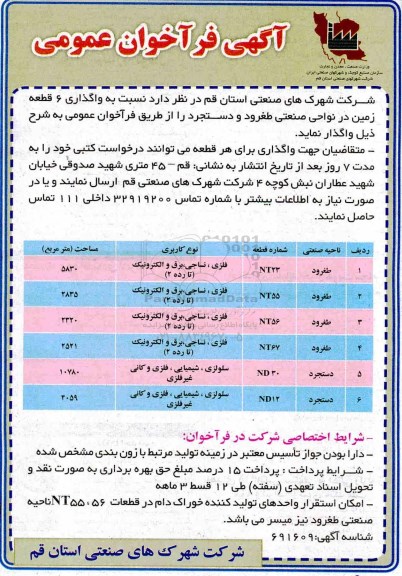 فراخوان عمومی, فراخوان واگذاری 6 قطعه زمین در نواحی صنعتی