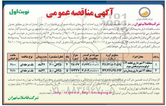 مناقصه، مناقصه انجام عملیات لوله گذاری و احداث آدم روهای شبکه جمع آوری فاضلاب
