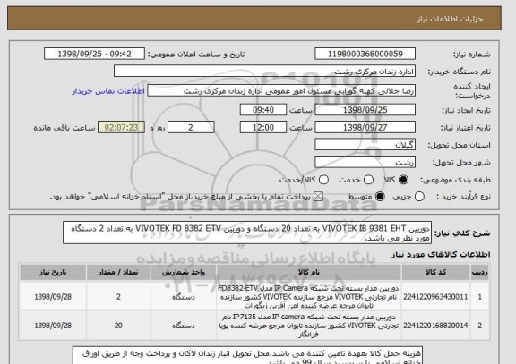 استعلام دوربین VIVOTEK IB 9381 EHT به تعداد 20 دستگاه و دوربین VIVOTEK FD 8382 ETV به تعداد 2 دستگاه مورد نظر می باشد.
