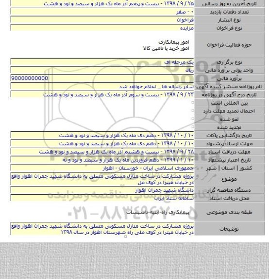 پروژه مشارکت در ساخت منازل مسکونی متعلق به دانشگاه شهید چمران اهواز واقع در خیابان میترا در کوی مل