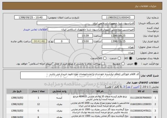 استعلام کد اقلام خوراکی اعلام نیازشده خودشان یا مشابهشان مورد تایید خریدار می باشد