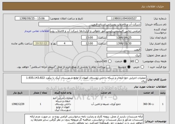 استعلام عملیات اجرایی خط انتقال و شبکه داخلی روستای کهوان از توابع شهرستان آبیک با برآورد 1،935،143،822 ریال