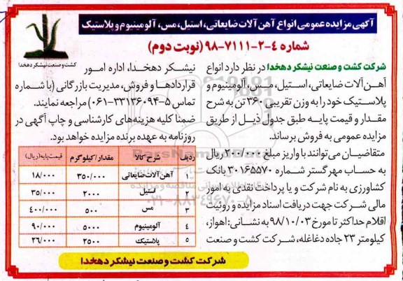 آگهی مزایده عمومی , مزایده انواع آهن آلات ضایعاتی، استیل، مس، آلومینیوم و پلاستیک - نوبت دوم