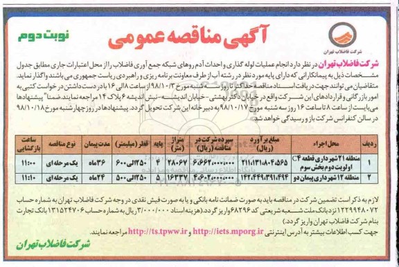 مناقصه، مناقصه انجام عملیات لوله گذاری و احداث آدم روهای شبکه جمع آوری فاضلاب نوبت دوم 
